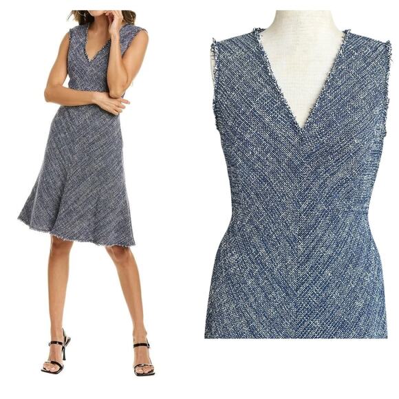 REBECCA TAYLOR Tweed Dress Navy Sleeveless Fit & Flare Fringe Women’s Size 8 NEW - Picture 1 of 16